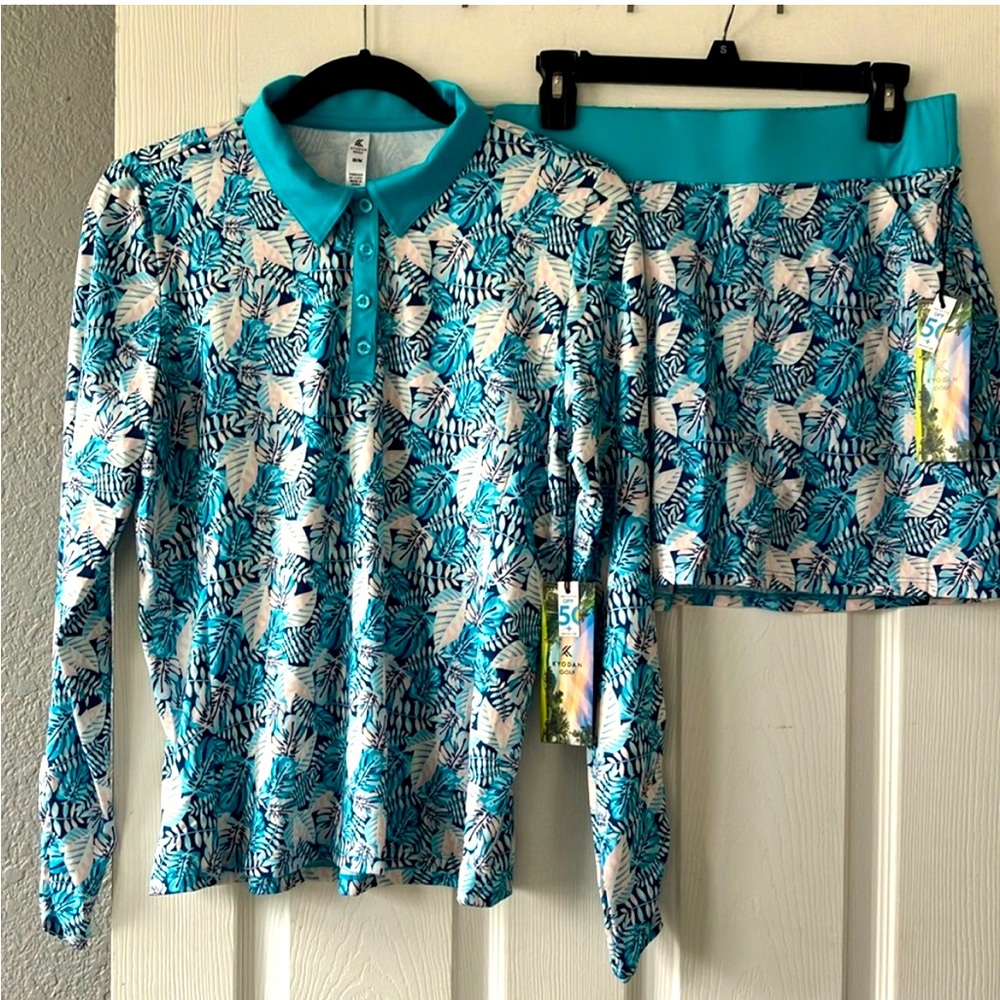 Kyoden 2 piece golf outfit, palm print long sleeve collar top and matching skort